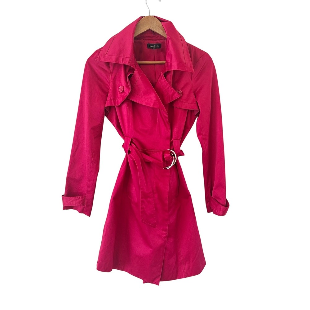 Bebe Satin Trench‎ Coat Womens XS Pink Belted Double Breasted Y2K Midi Office